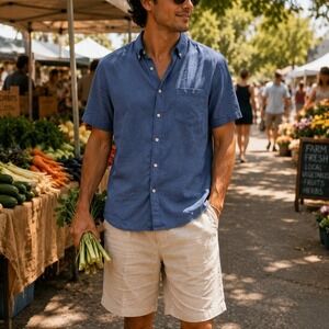 Classic Blue Chambray Short Sleeve Button-Up Shirt‎ | Coastal Preppy Casual